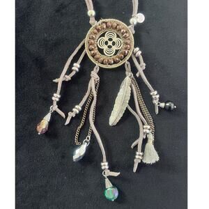 Moon C Paris Silver & Bronze Dreamcatcher Pendant on 21"  Leather Necklace  NWOT